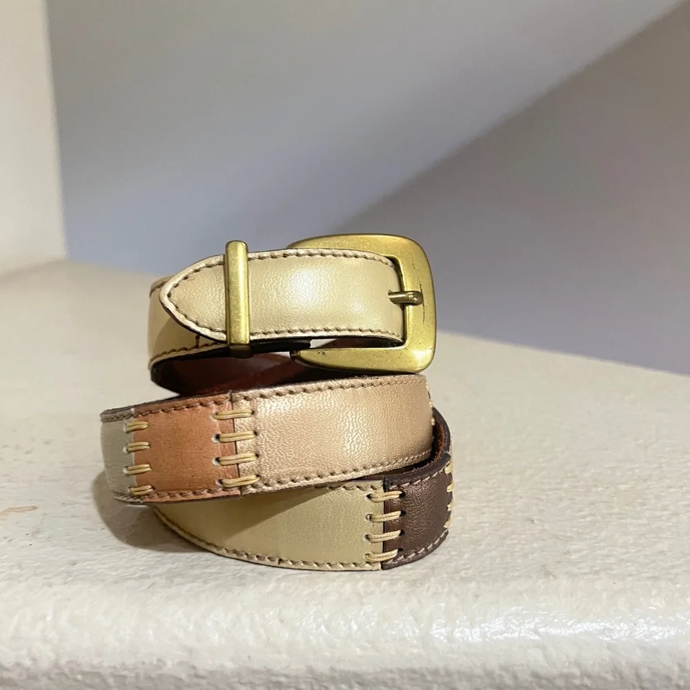FOSSIL Leather Multi-Color Stitched Sections Belt GoldTone Size Medium‎